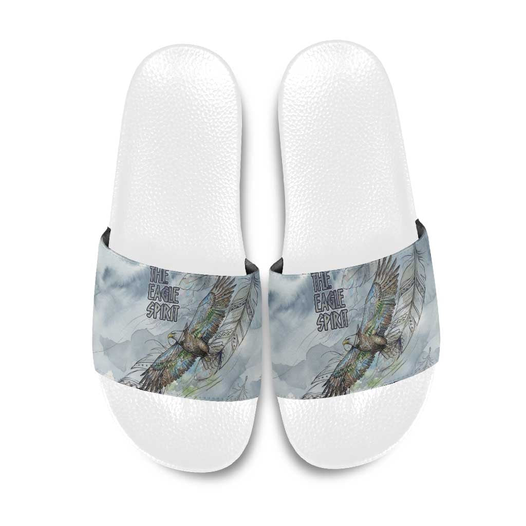 The Eagle Spirit Native American Slide Sandals Soaring Bald Eagle and Tribal Feathers Watercolor Sky - Wonder Print Shop