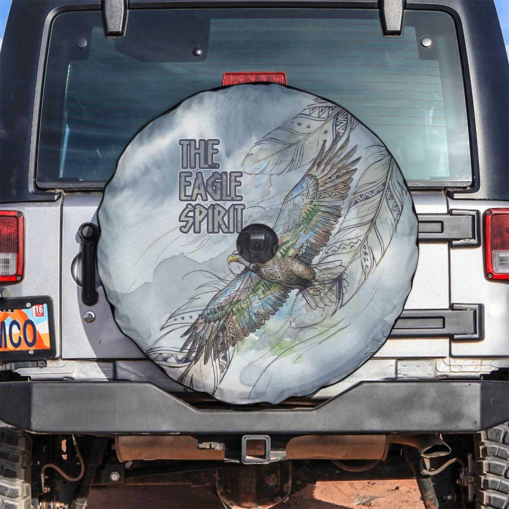 The Eagle Spirit Native American Spare Tire Cover Soaring Bald Eagle and Tribal Feathers Watercolor Sky - Wonder Print Shop