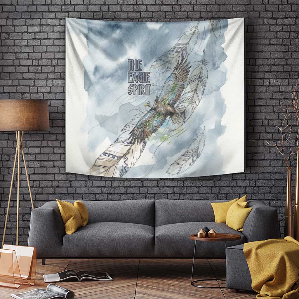 The Eagle Spirit Native American Tapestry Soaring Bald Eagle and Tribal Feathers Watercolor Sky - Wonder Print Shop