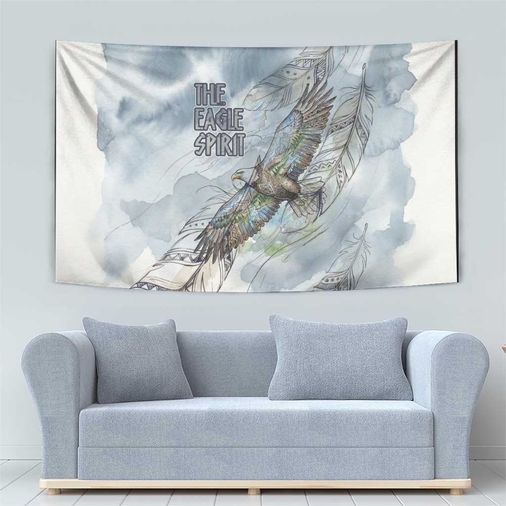 The Eagle Spirit Native American Tapestry Soaring Bald Eagle and Tribal Feathers Watercolor Sky - Wonder Print Shop