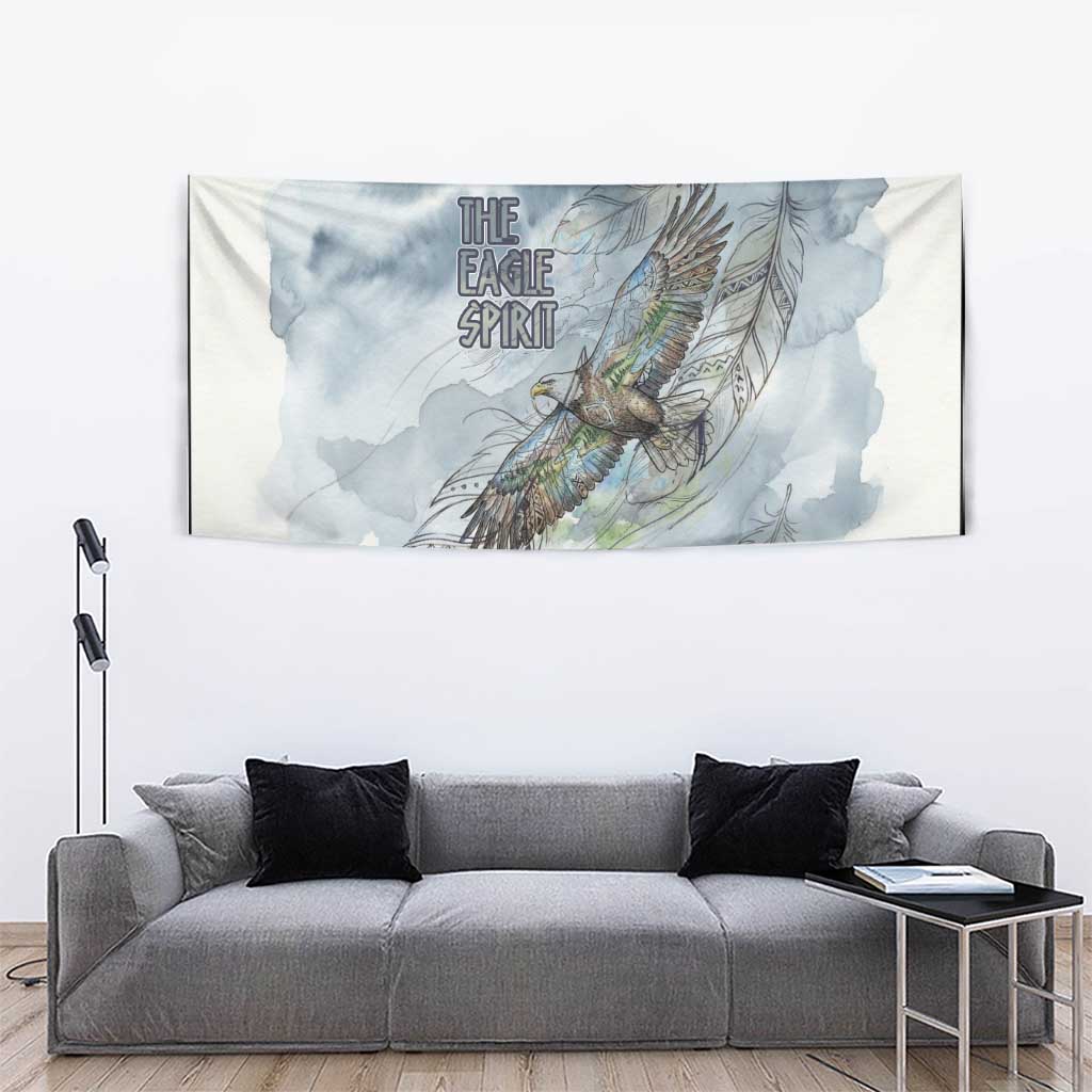 The Eagle Spirit Native American Tapestry Soaring Bald Eagle and Tribal Feathers Watercolor Sky - Wonder Print Shop