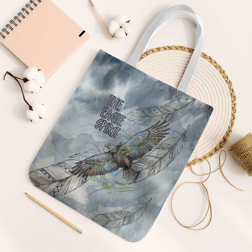 The Eagle Spirit Native American Tote Bag Soaring Bald Eagle and Tribal Feathers Watercolor Sky - Wonder Print Shop