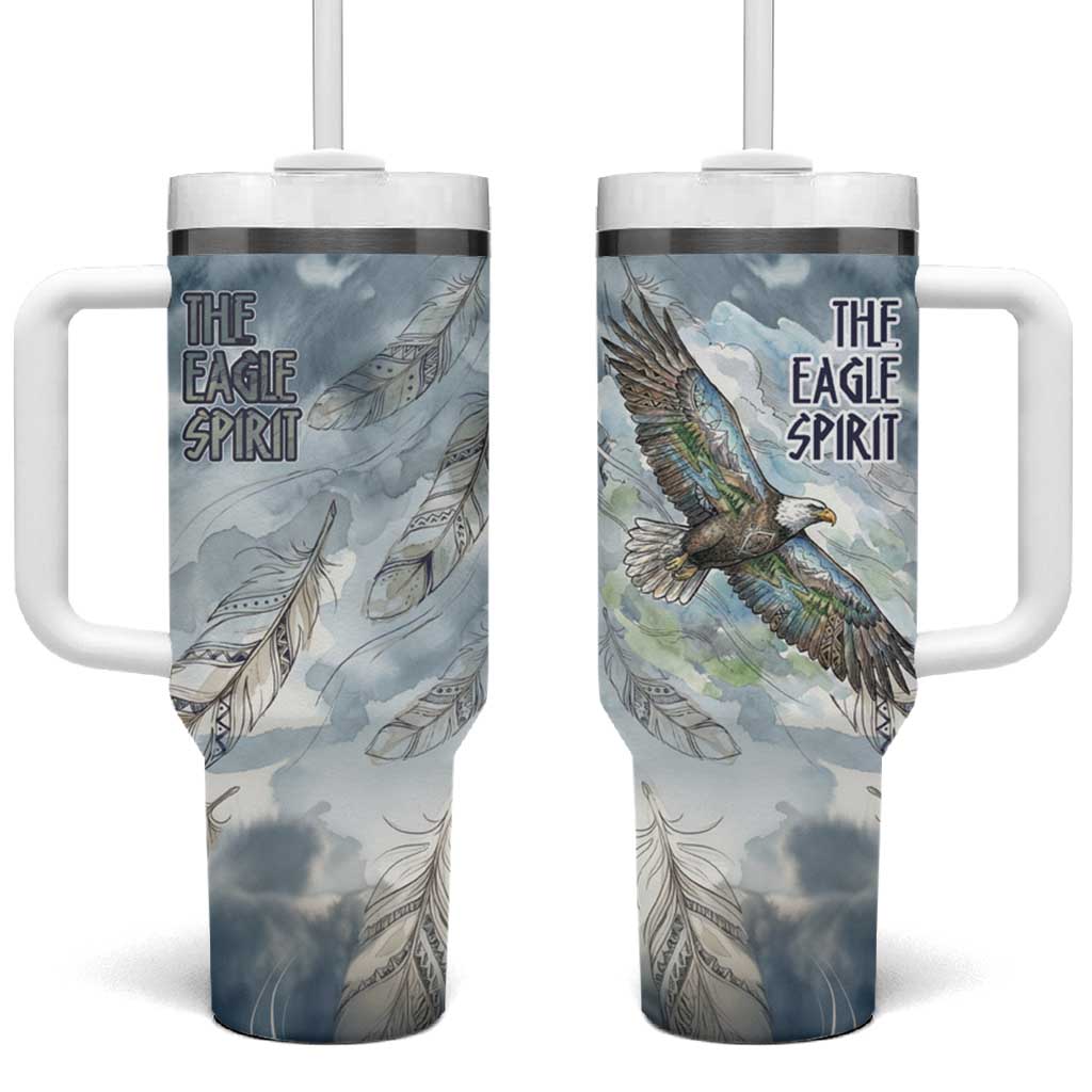The Eagle Spirit Native American Tumbler With Handle Soaring Bald Eagle and Tribal Feathers Watercolor Sky - Wonder Print Shop