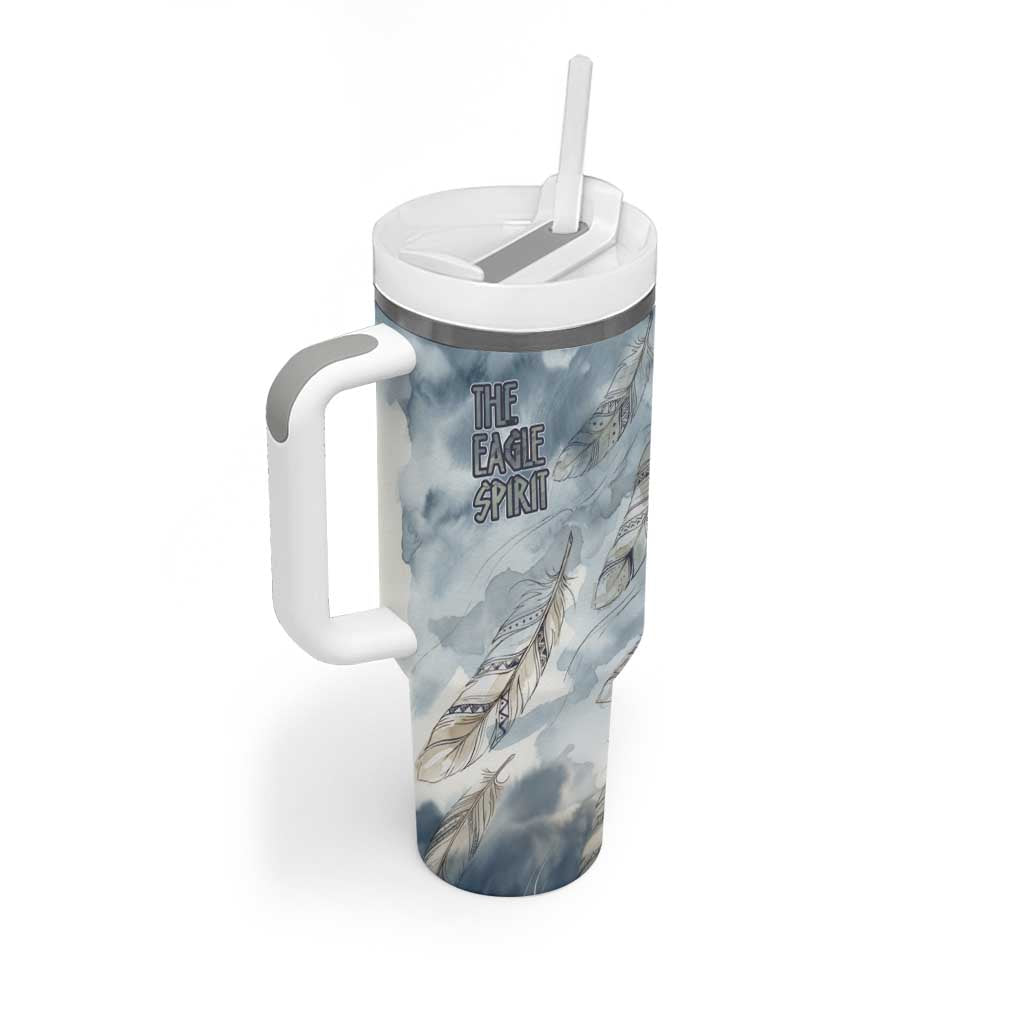The Eagle Spirit Native American Tumbler With Handle Soaring Bald Eagle and Tribal Feathers Watercolor Sky - Wonder Print Shop