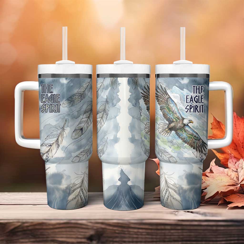 The Eagle Spirit Native American Tumbler With Handle Soaring Bald Eagle and Tribal Feathers Watercolor Sky - Wonder Print Shop