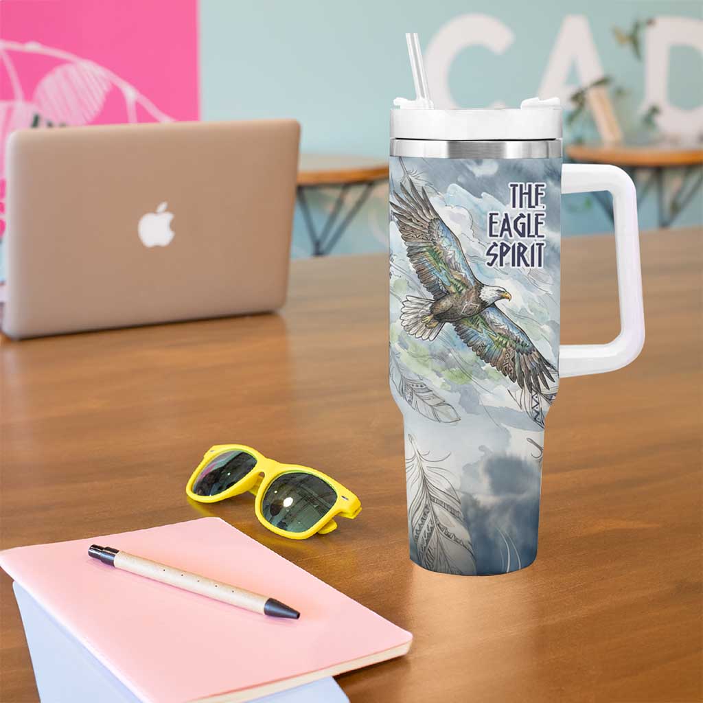 The Eagle Spirit Native American Tumbler With Handle Soaring Bald Eagle and Tribal Feathers Watercolor Sky - Wonder Print Shop