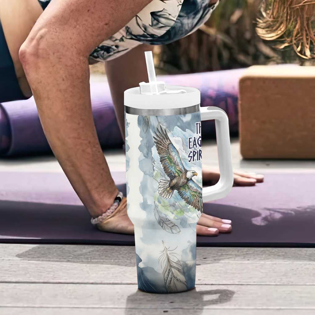 The Eagle Spirit Native American Tumbler With Handle Soaring Bald Eagle and Tribal Feathers Watercolor Sky - Wonder Print Shop