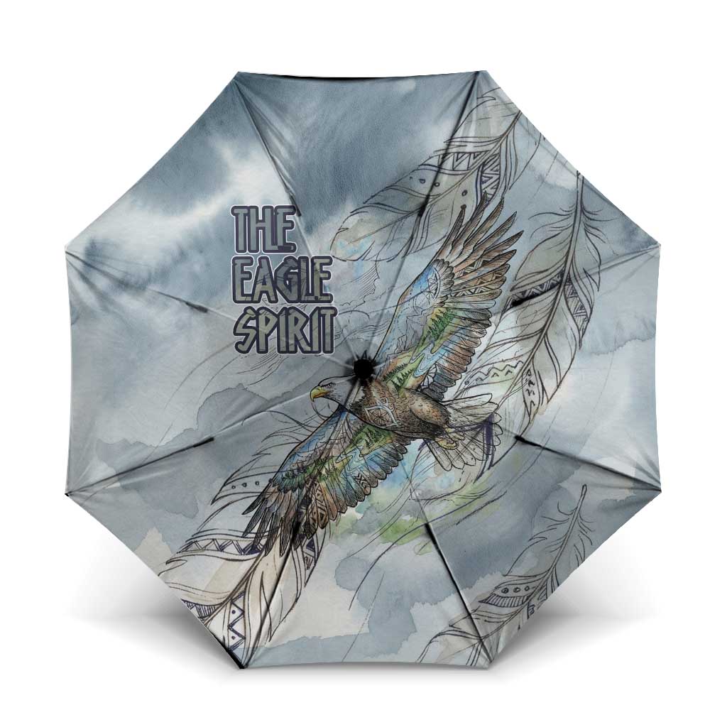 The Eagle Spirit Native American Umbrella Soaring Bald Eagle and Tribal Feathers Watercolor Sky - Wonder Print Shop