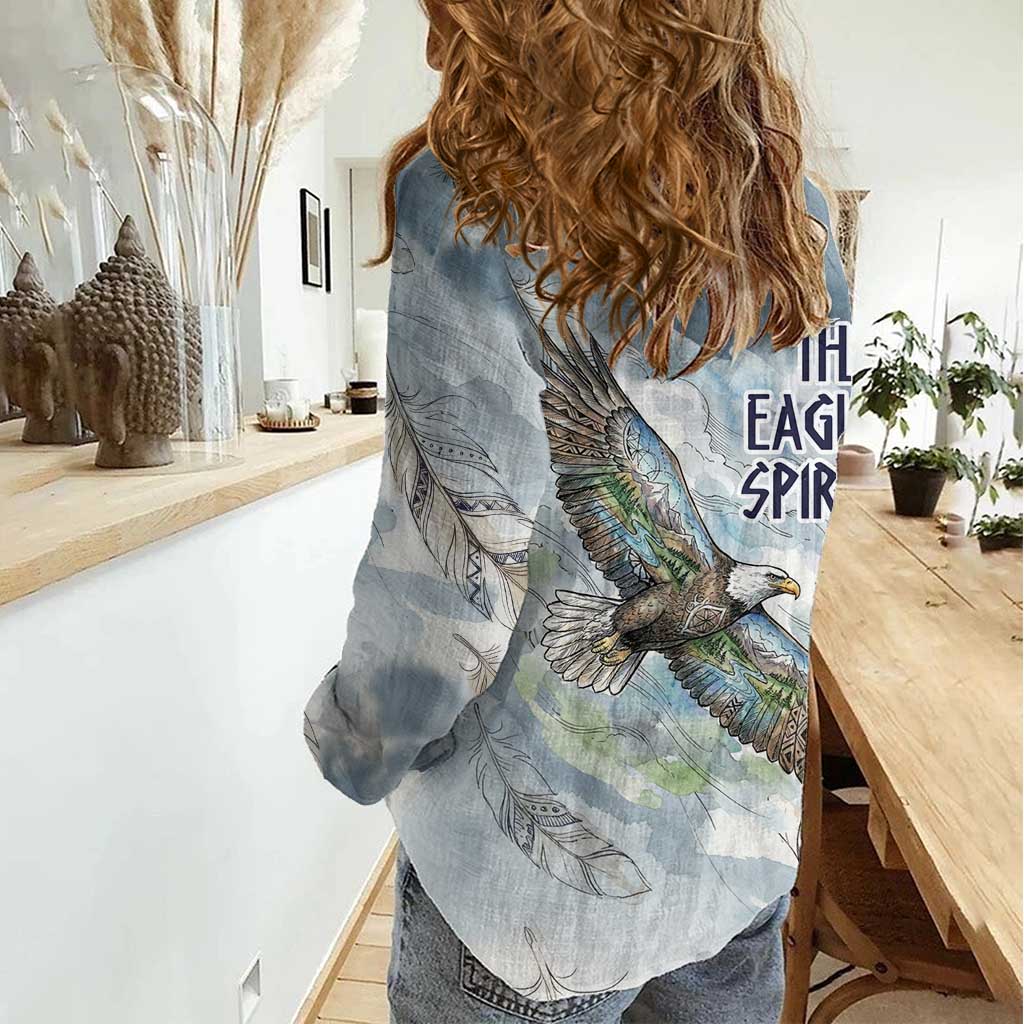 The Eagle Spirit Native American Women Casual Shirt Soaring Bald Eagle and Tribal Feathers Watercolor Sky - Wonder Print Shop