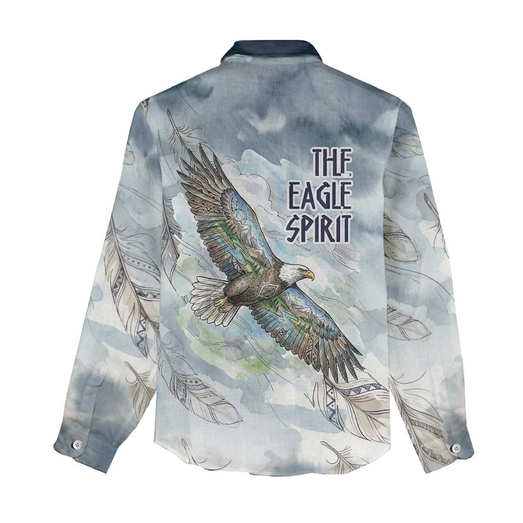 The Eagle Spirit Native American Women Casual Shirt Soaring Bald Eagle and Tribal Feathers Watercolor Sky - Wonder Print Shop