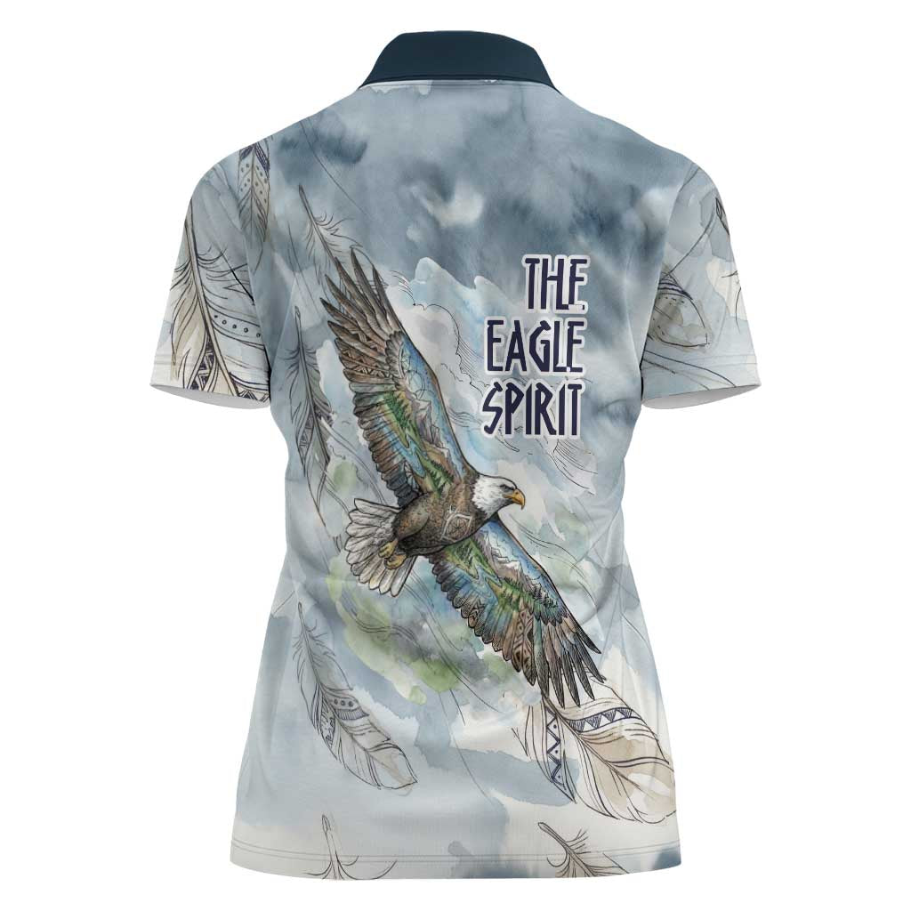 The Eagle Spirit Native American Women Polo Shirt Soaring Bald Eagle and Tribal Feathers Watercolor Sky - Wonder Print Shop