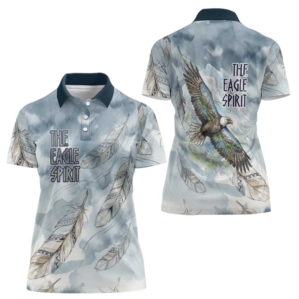 The Eagle Spirit Native American Women Polo Shirt Soaring Bald Eagle and Tribal Feathers Watercolor Sky - Wonder Print Shop