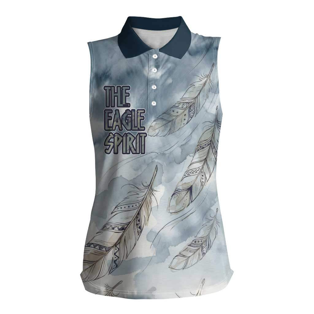 The Eagle Spirit Native American Women Sleeveless Polo Shirt Soaring Bald Eagle and Tribal Feathers Watercolor Sky - Wonder Print Shop