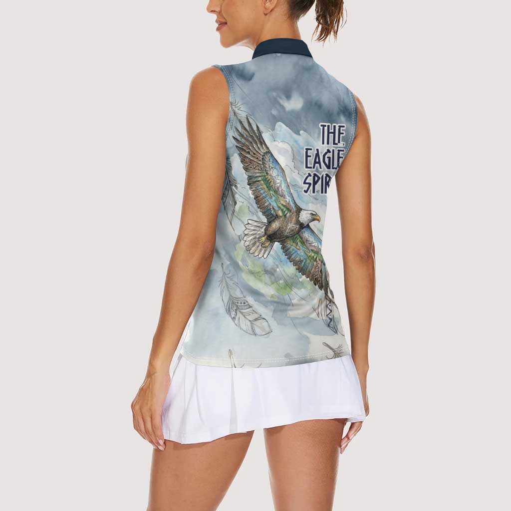 The Eagle Spirit Native American Women Sleeveless Polo Shirt Soaring Bald Eagle and Tribal Feathers Watercolor Sky - Wonder Print Shop