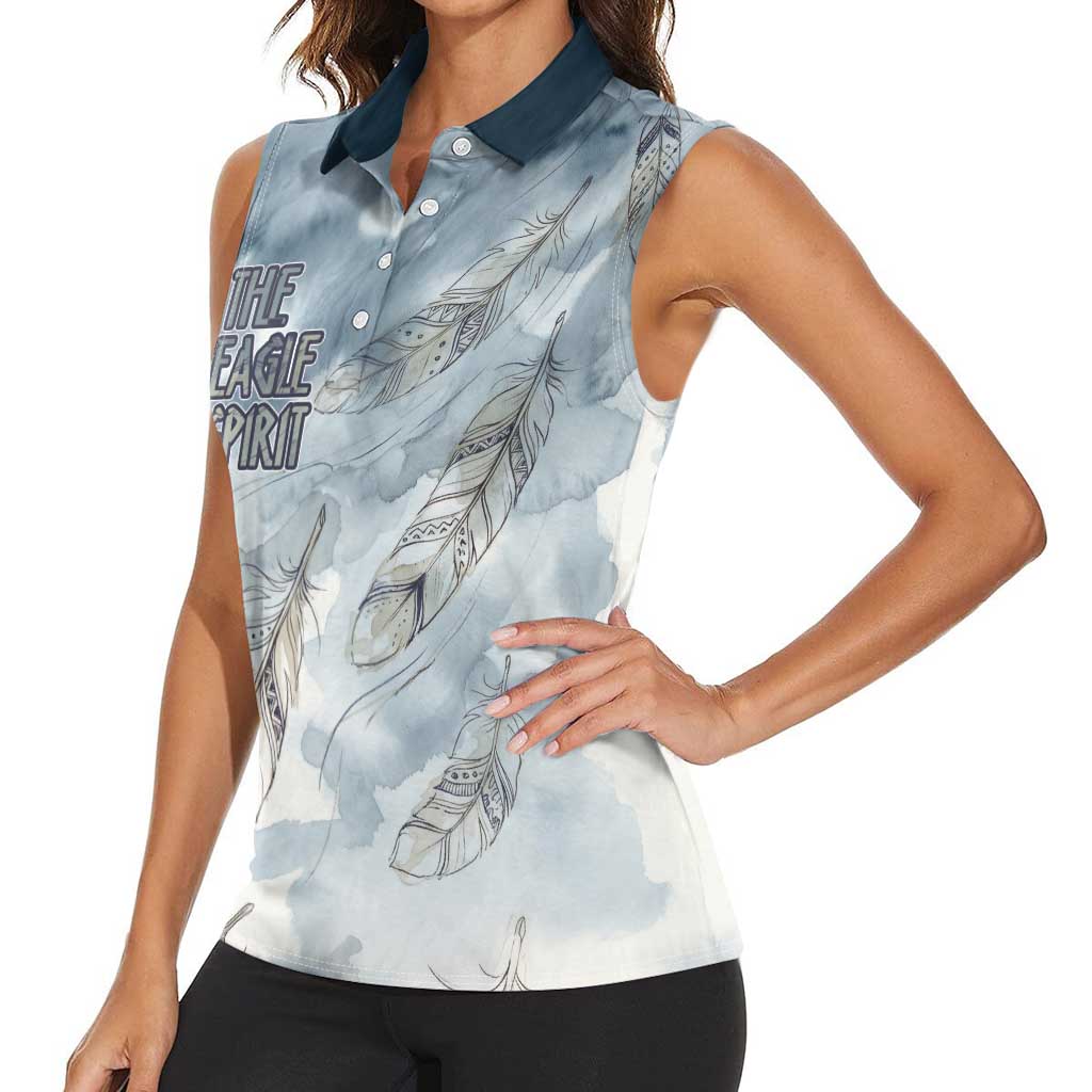 The Eagle Spirit Native American Women Sleeveless Polo Shirt Soaring Bald Eagle and Tribal Feathers Watercolor Sky - Wonder Print Shop