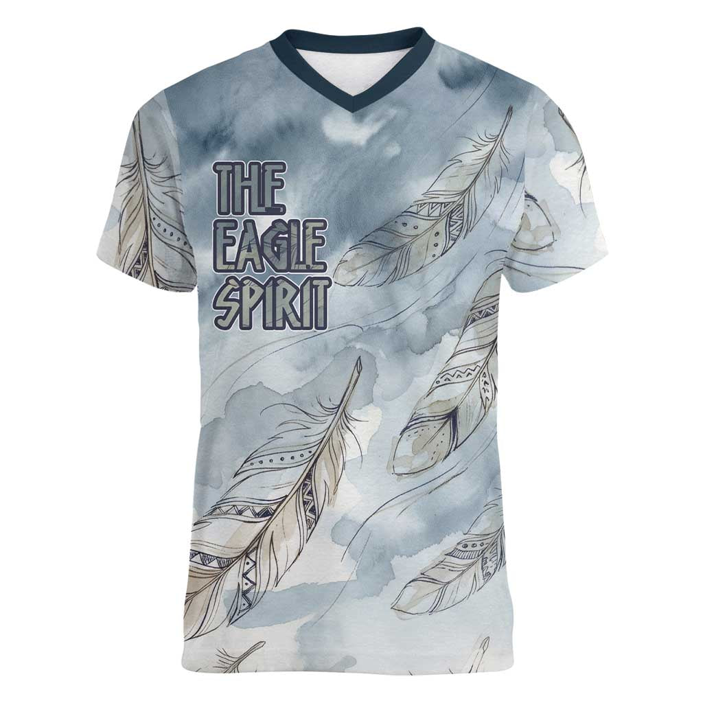 The Eagle Spirit Native American Women V-Neck T-Shirt Soaring Bald Eagle and Tribal Feathers Watercolor Sky - Wonder Print Shop