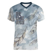 The Eagle Spirit Native American Women V-Neck T-Shirt Soaring Bald Eagle and Tribal Feathers Watercolor Sky - Wonder Print Shop