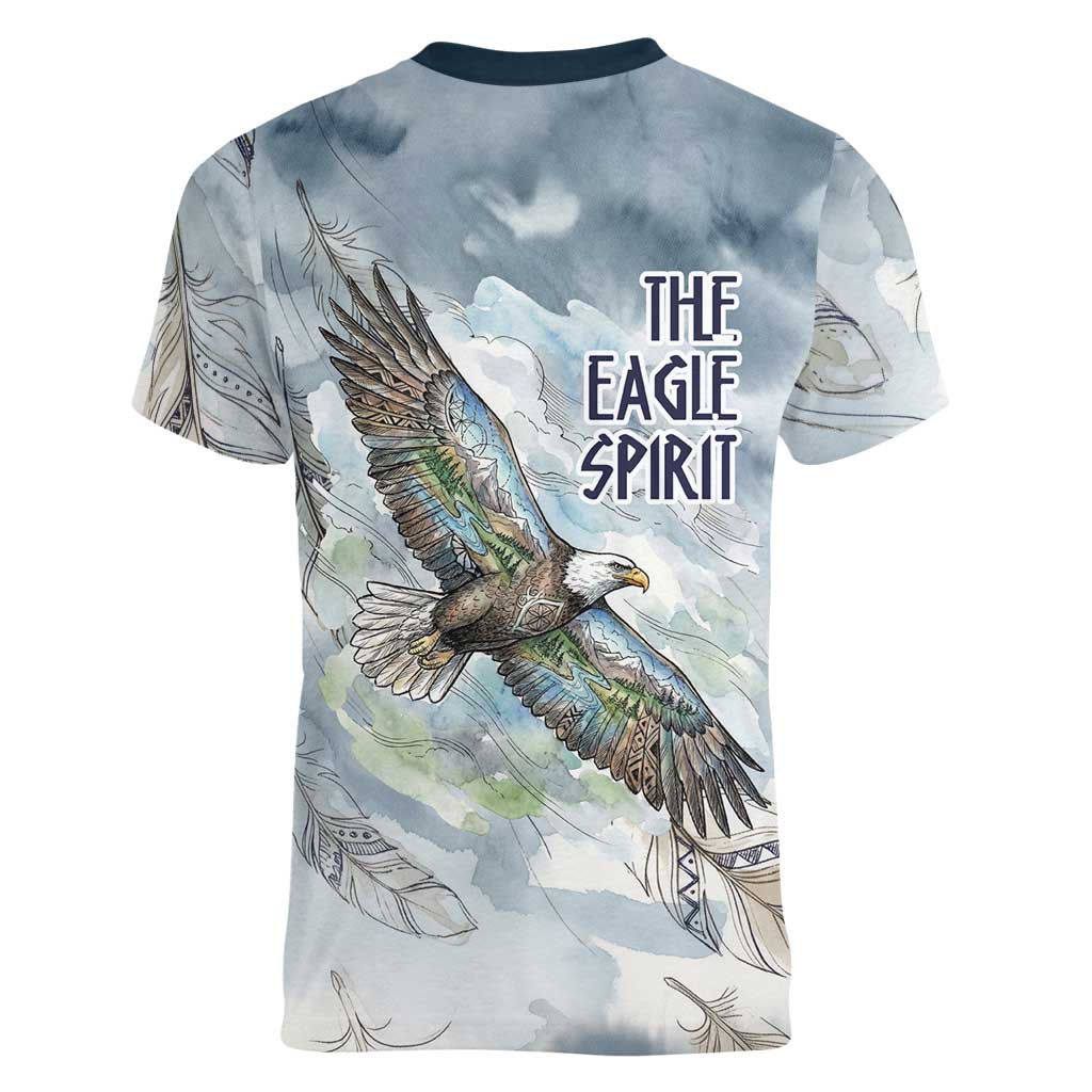 The Eagle Spirit Native American Women V-Neck T-Shirt Soaring Bald Eagle and Tribal Feathers Watercolor Sky - Wonder Print Shop