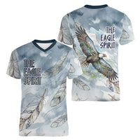 The Eagle Spirit Native American Women V-Neck T-Shirt Soaring Bald Eagle and Tribal Feathers Watercolor Sky - Wonder Print Shop