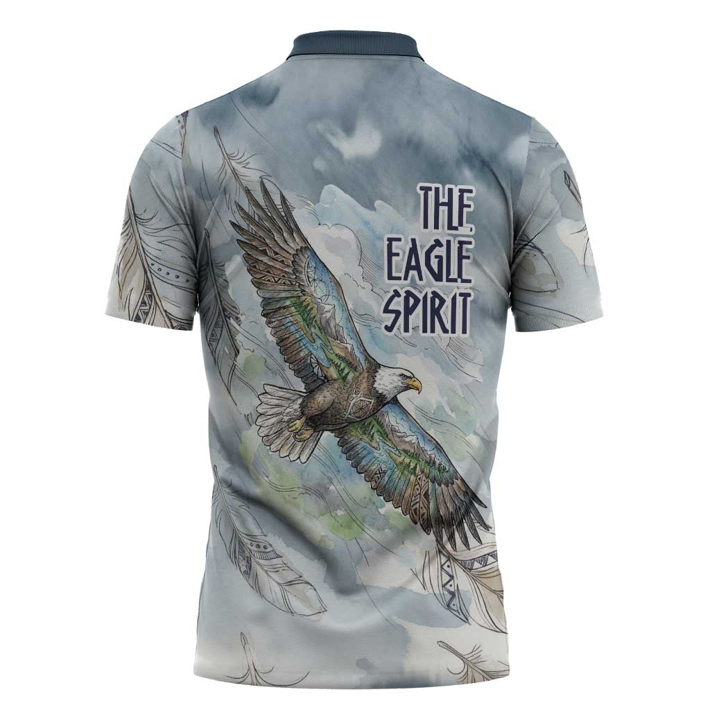 The Eagle Spirit Native American Zipper Polo Shirt Soaring Bald Eagle and Tribal Feathers Watercolor Sky - Wonder Print Shop