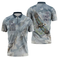 The Eagle Spirit Native American Zipper Polo Shirt Soaring Bald Eagle and Tribal Feathers Watercolor Sky - Wonder Print Shop