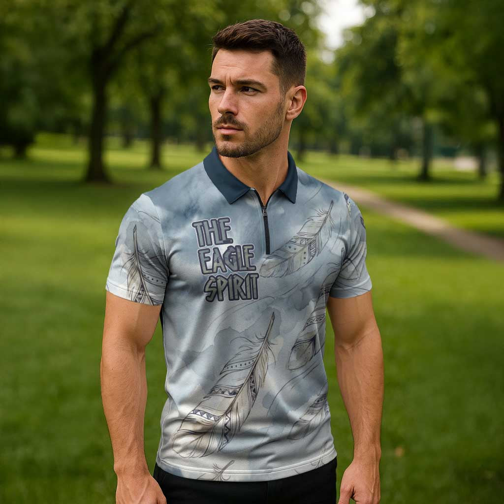 The Eagle Spirit Native American Zipper Polo Shirt Soaring Bald Eagle and Tribal Feathers Watercolor Sky - Wonder Print Shop