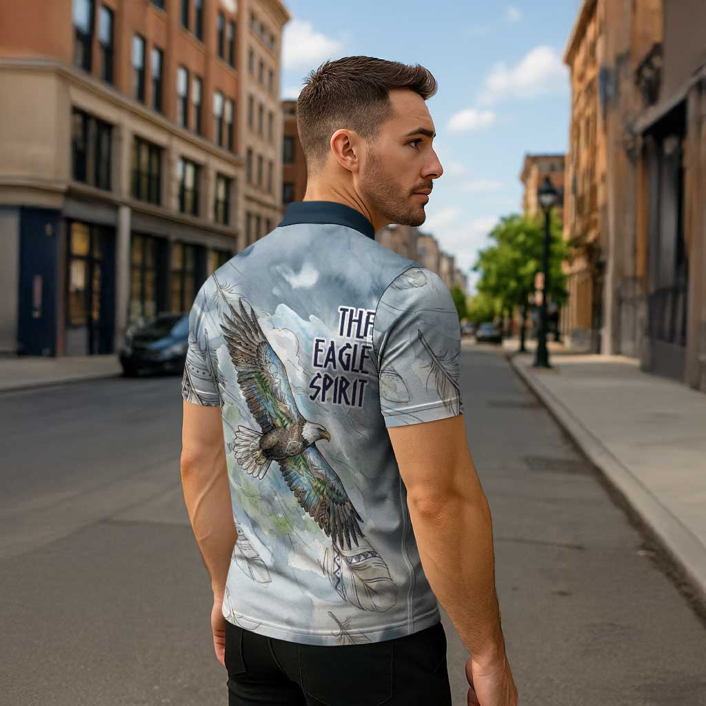The Eagle Spirit Native American Zipper Polo Shirt Soaring Bald Eagle and Tribal Feathers Watercolor Sky - Wonder Print Shop