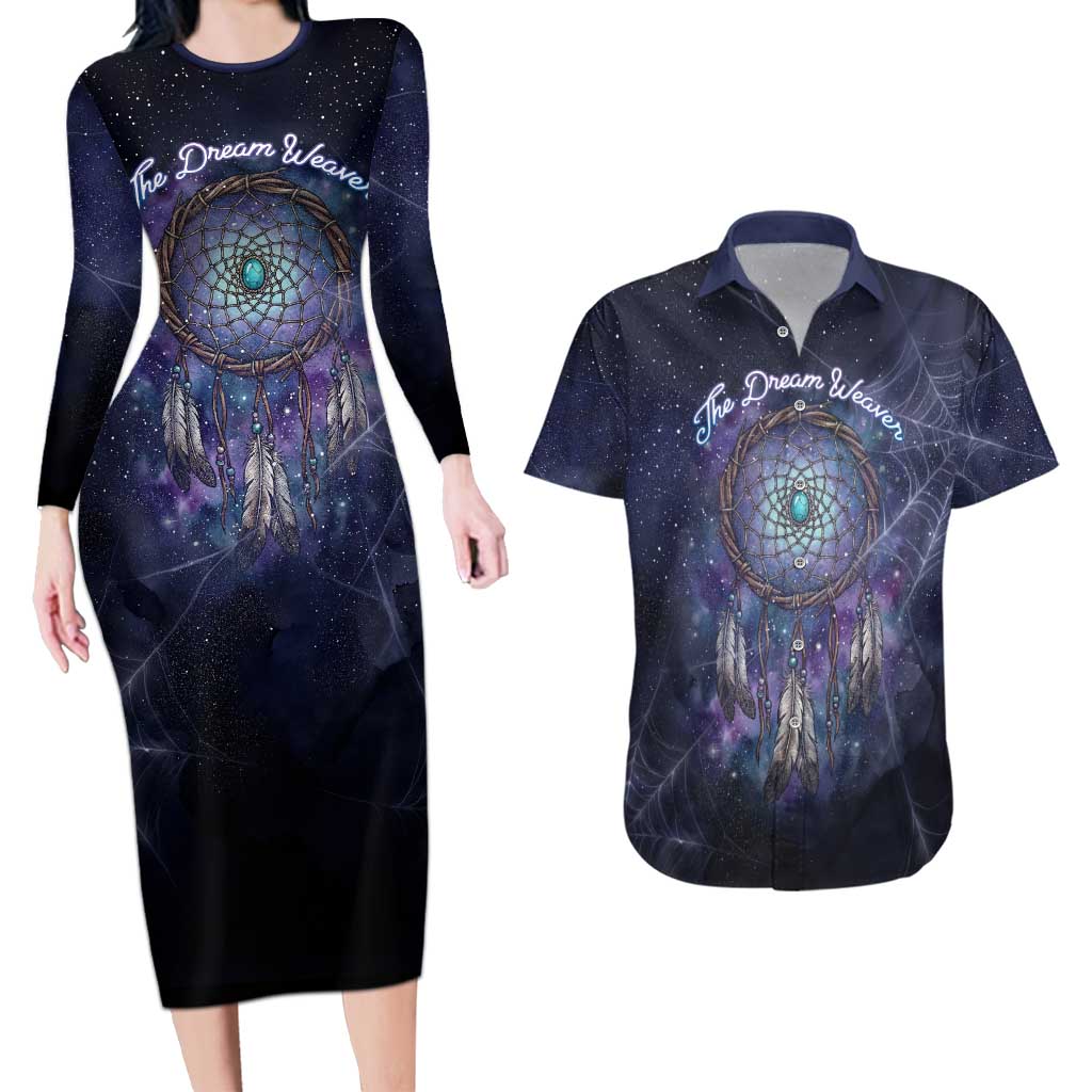 Dreamcatcher Native American Couples Matching Long Sleeve Bodycon Dress and Hawaiian Shirt Feathers and Starry Night Sky The Dream Weaver Theme - Wonder Print Shop