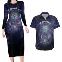 Dreamcatcher Native American Couples Matching Long Sleeve Bodycon Dress and Hawaiian Shirt Feathers and Starry Night Sky The Dream Weaver Theme - Wonder Print Shop