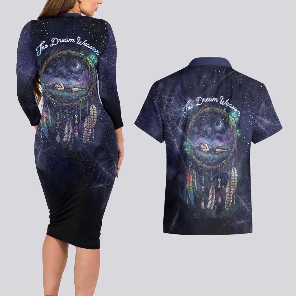 Dreamcatcher Native American Couples Matching Long Sleeve Bodycon Dress and Hawaiian Shirt Feathers and Starry Night Sky The Dream Weaver Theme - Wonder Print Shop