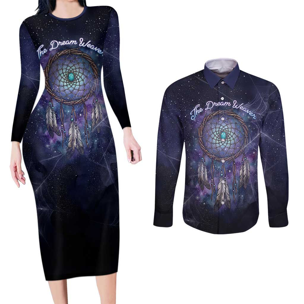 Dreamcatcher Native American Couples Matching Long Sleeve Bodycon Dress and Long Sleeve Button Shirt Feathers and Starry Night Sky The Dream Weaver Theme - Wonder Print Shop