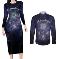 Dreamcatcher Native American Couples Matching Long Sleeve Bodycon Dress and Long Sleeve Button Shirt Feathers and Starry Night Sky The Dream Weaver Theme - Wonder Print Shop