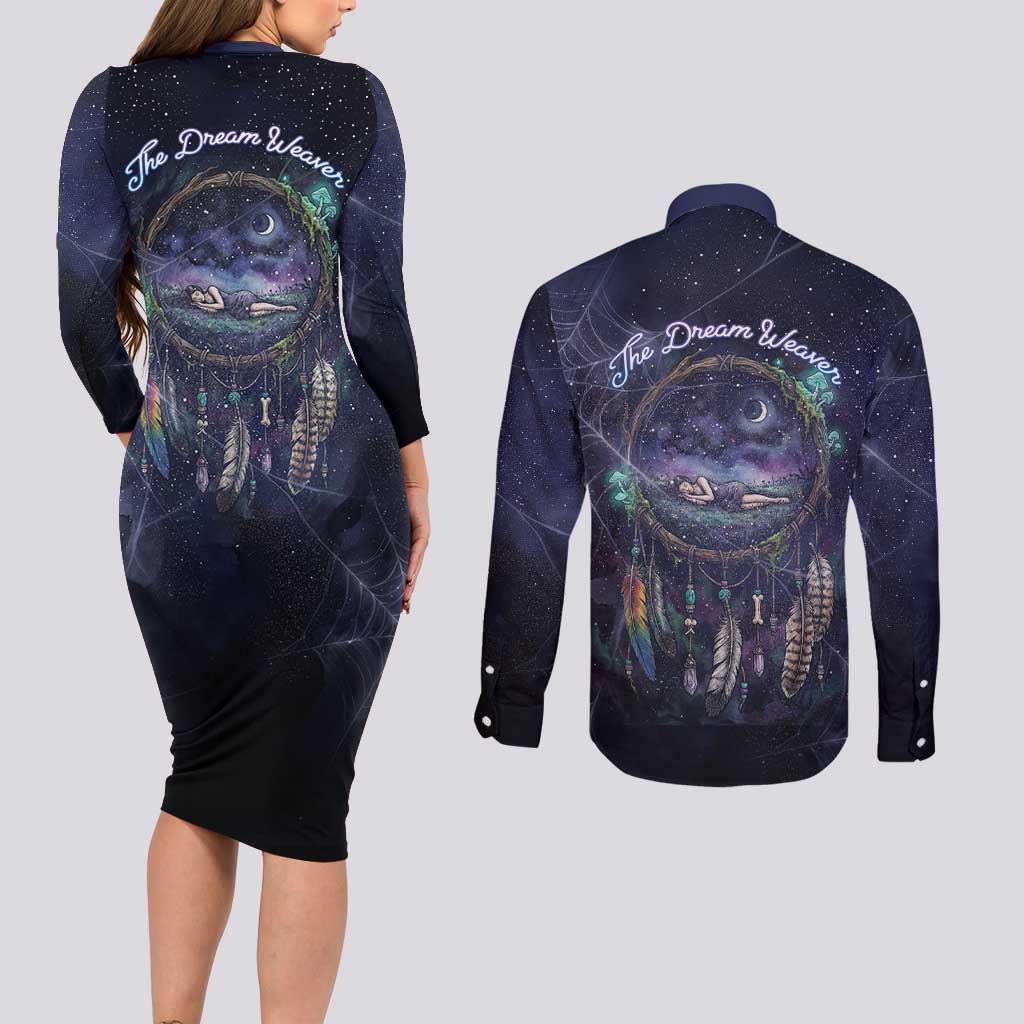 Dreamcatcher Native American Couples Matching Long Sleeve Bodycon Dress and Long Sleeve Button Shirt Feathers and Starry Night Sky The Dream Weaver Theme - Wonder Print Shop