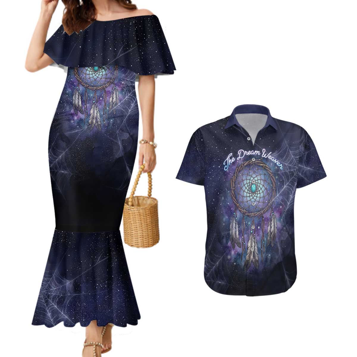 Dreamcatcher Native American Couples Matching Mermaid Dress and Hawaiian Shirt Feathers and Starry Night Sky The Dream Weaver Theme - Wonder Print Shop