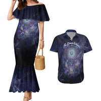 Dreamcatcher Native American Couples Matching Mermaid Dress and Hawaiian Shirt Feathers and Starry Night Sky The Dream Weaver Theme - Wonder Print Shop
