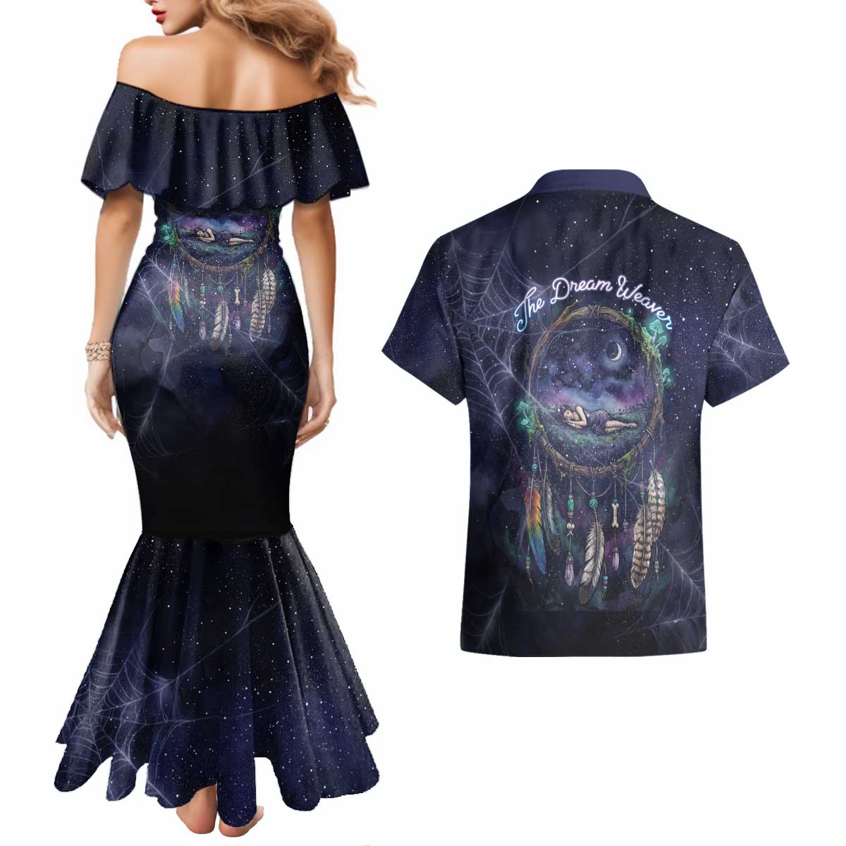 Dreamcatcher Native American Couples Matching Mermaid Dress and Hawaiian Shirt Feathers and Starry Night Sky The Dream Weaver Theme - Wonder Print Shop