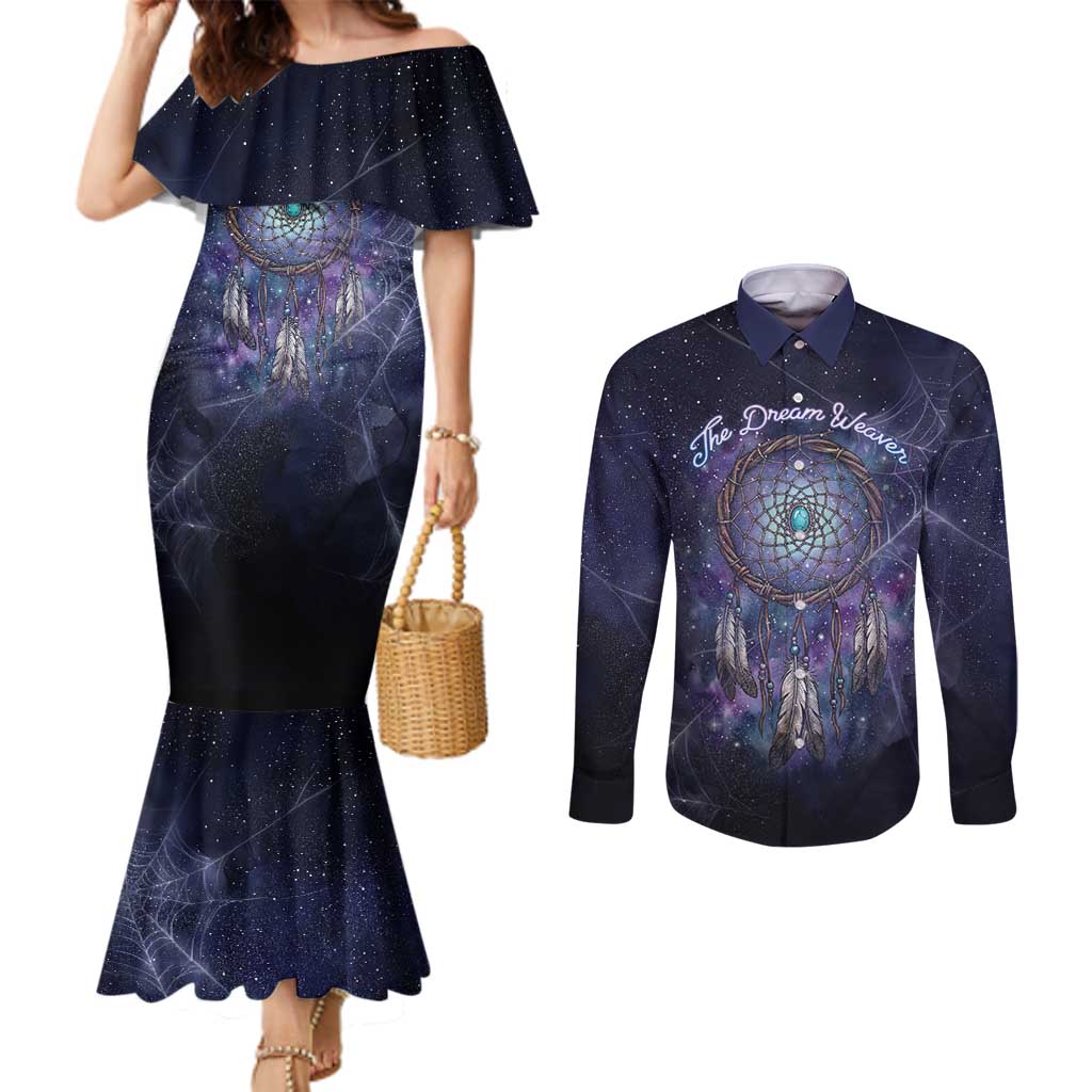 Dreamcatcher Native American Couples Matching Mermaid Dress and Long Sleeve Button Shirt Feathers and Starry Night Sky The Dream Weaver Theme - Wonder Print Shop
