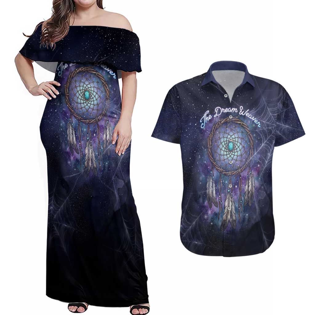 Dreamcatcher Native American Couples Matching Off Shoulder Maxi Dress and Hawaiian Shirt Feathers and Starry Night Sky The Dream Weaver Theme - Wonder Print Shop