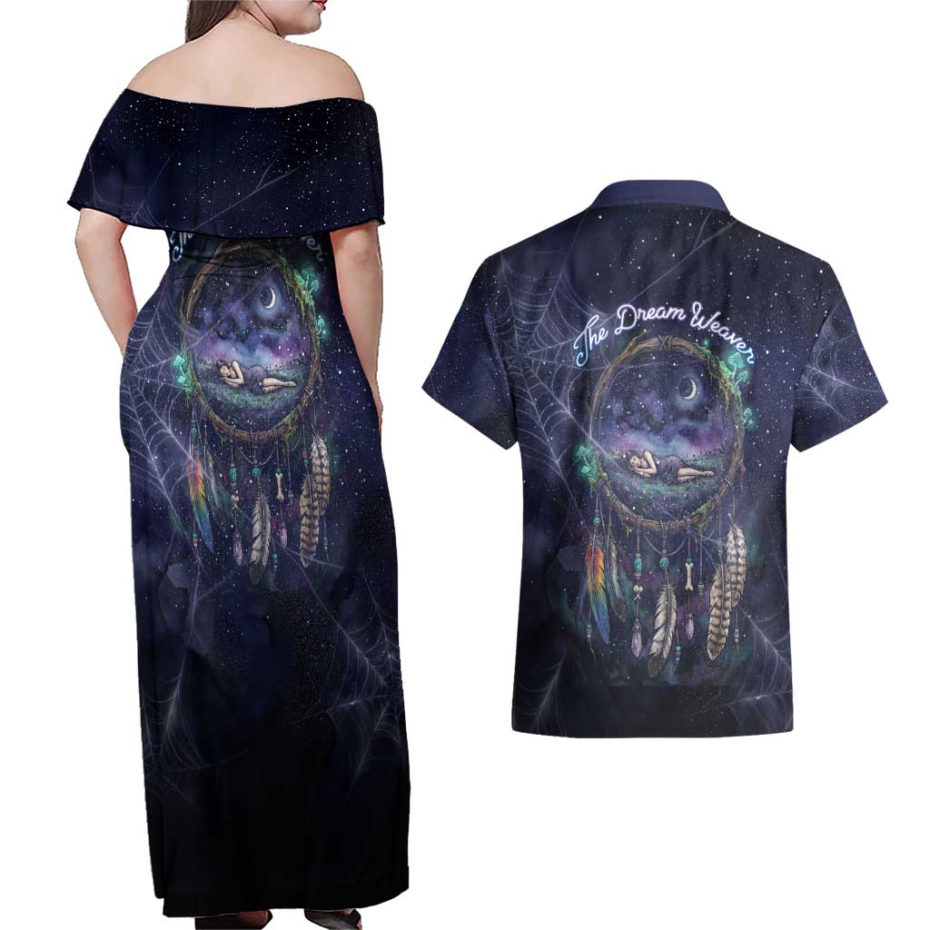 Dreamcatcher Native American Couples Matching Off Shoulder Maxi Dress and Hawaiian Shirt Feathers and Starry Night Sky The Dream Weaver Theme - Wonder Print Shop