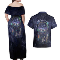 Dreamcatcher Native American Couples Matching Off Shoulder Maxi Dress and Hawaiian Shirt Feathers and Starry Night Sky The Dream Weaver Theme - Wonder Print Shop