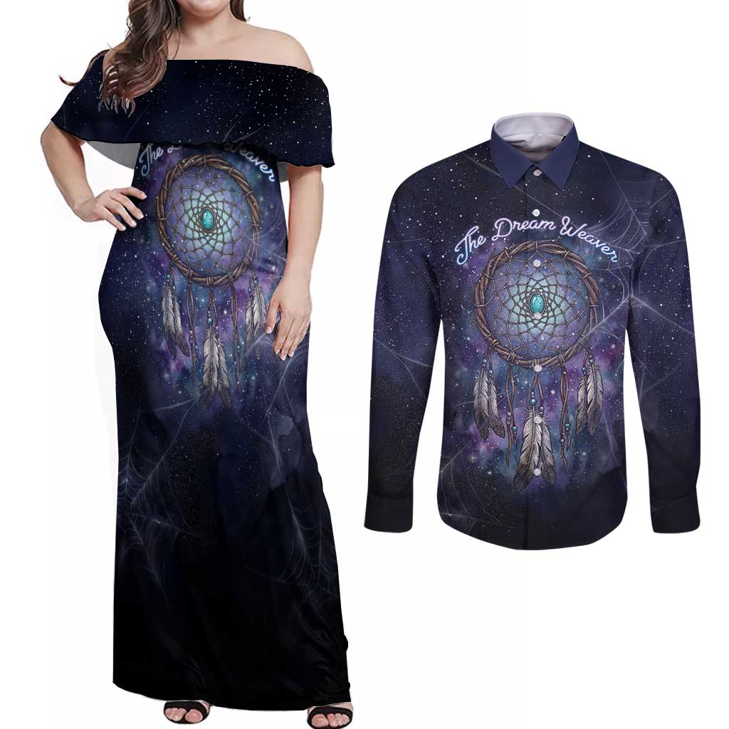 Dreamcatcher Native American Couples Matching Off Shoulder Maxi Dress and Long Sleeve Button Shirt Feathers and Starry Night Sky The Dream Weaver Theme - Wonder Print Shop