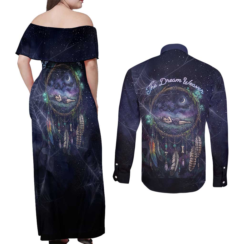 Dreamcatcher Native American Couples Matching Off Shoulder Maxi Dress and Long Sleeve Button Shirt Feathers and Starry Night Sky The Dream Weaver Theme - Wonder Print Shop