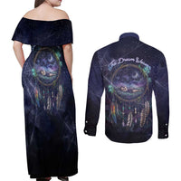 Dreamcatcher Native American Couples Matching Off Shoulder Maxi Dress and Long Sleeve Button Shirt Feathers and Starry Night Sky The Dream Weaver Theme - Wonder Print Shop