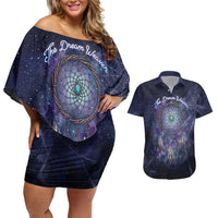 Dreamcatcher Native American Couples Matching Off Shoulder Short Dress and Hawaiian Shirt Feathers and Starry Night Sky The Dream Weaver Theme - Wonder Print Shop