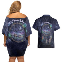 Dreamcatcher Native American Couples Matching Off Shoulder Short Dress and Hawaiian Shirt Feathers and Starry Night Sky The Dream Weaver Theme - Wonder Print Shop