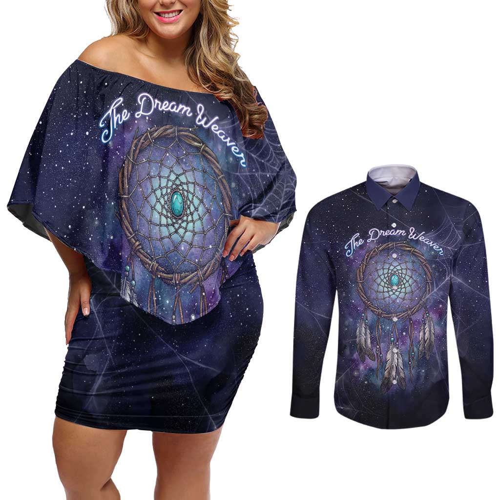 Dreamcatcher Native American Couples Matching Off Shoulder Short Dress and Long Sleeve Button Shirt Feathers and Starry Night Sky The Dream Weaver Theme - Wonder Print Shop