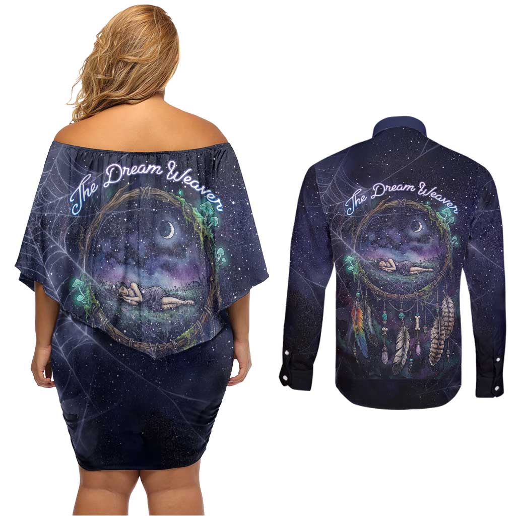 Dreamcatcher Native American Couples Matching Off Shoulder Short Dress and Long Sleeve Button Shirt Feathers and Starry Night Sky The Dream Weaver Theme - Wonder Print Shop