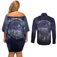 Dreamcatcher Native American Couples Matching Off Shoulder Short Dress and Long Sleeve Button Shirt Feathers and Starry Night Sky The Dream Weaver Theme - Wonder Print Shop
