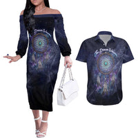 Dreamcatcher Native American Couples Matching Off The Shoulder Long Sleeve Dress and Hawaiian Shirt Feathers and Starry Night Sky The Dream Weaver Theme - Wonder Print Shop