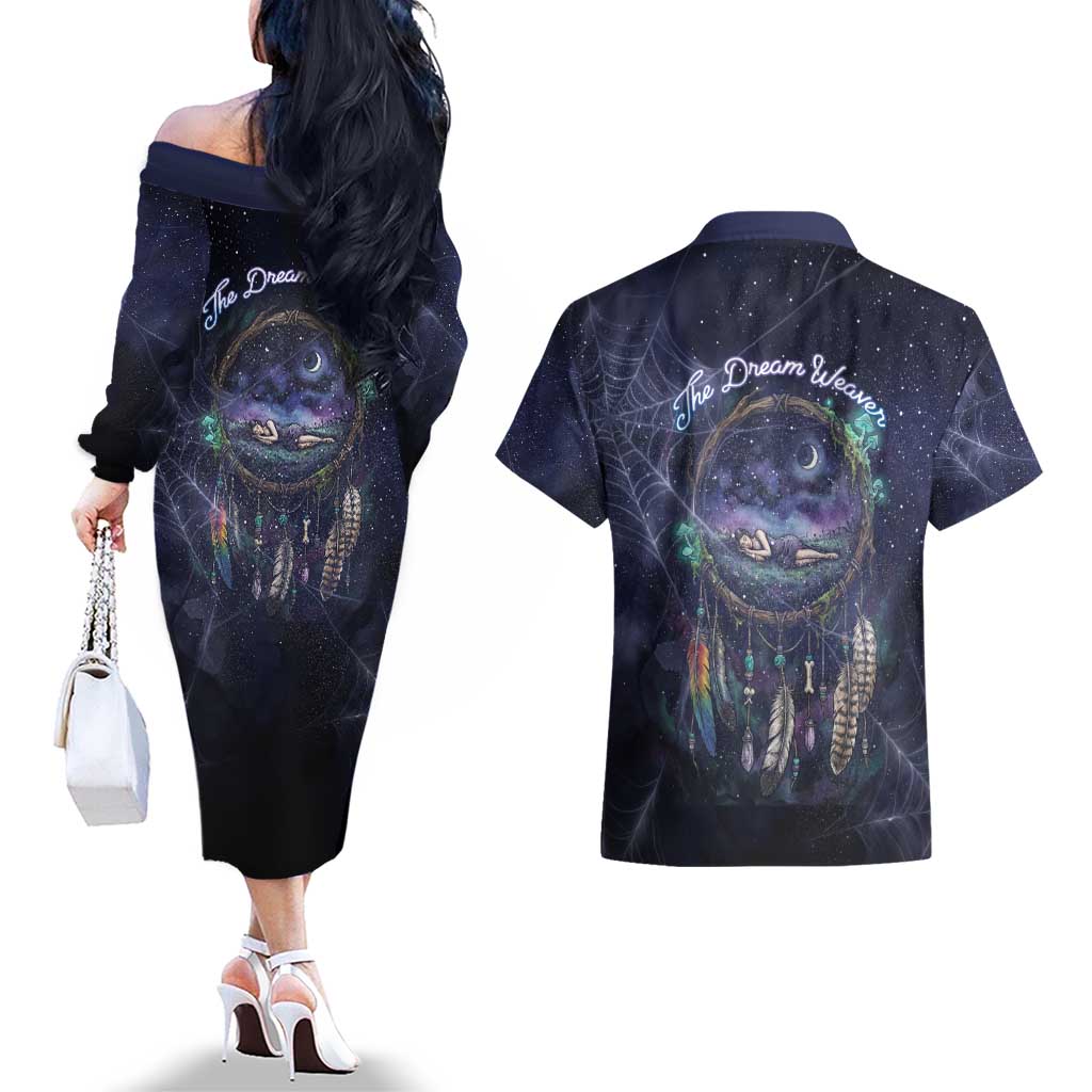 Dreamcatcher Native American Couples Matching Off The Shoulder Long Sleeve Dress and Hawaiian Shirt Feathers and Starry Night Sky The Dream Weaver Theme - Wonder Print Shop